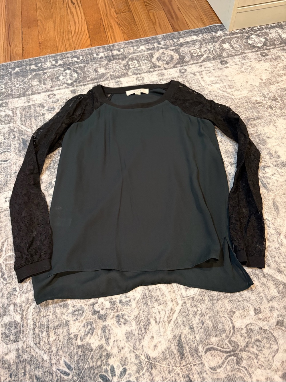 LOFT Black Lace-Sleeve Blouse with Dark Green Body